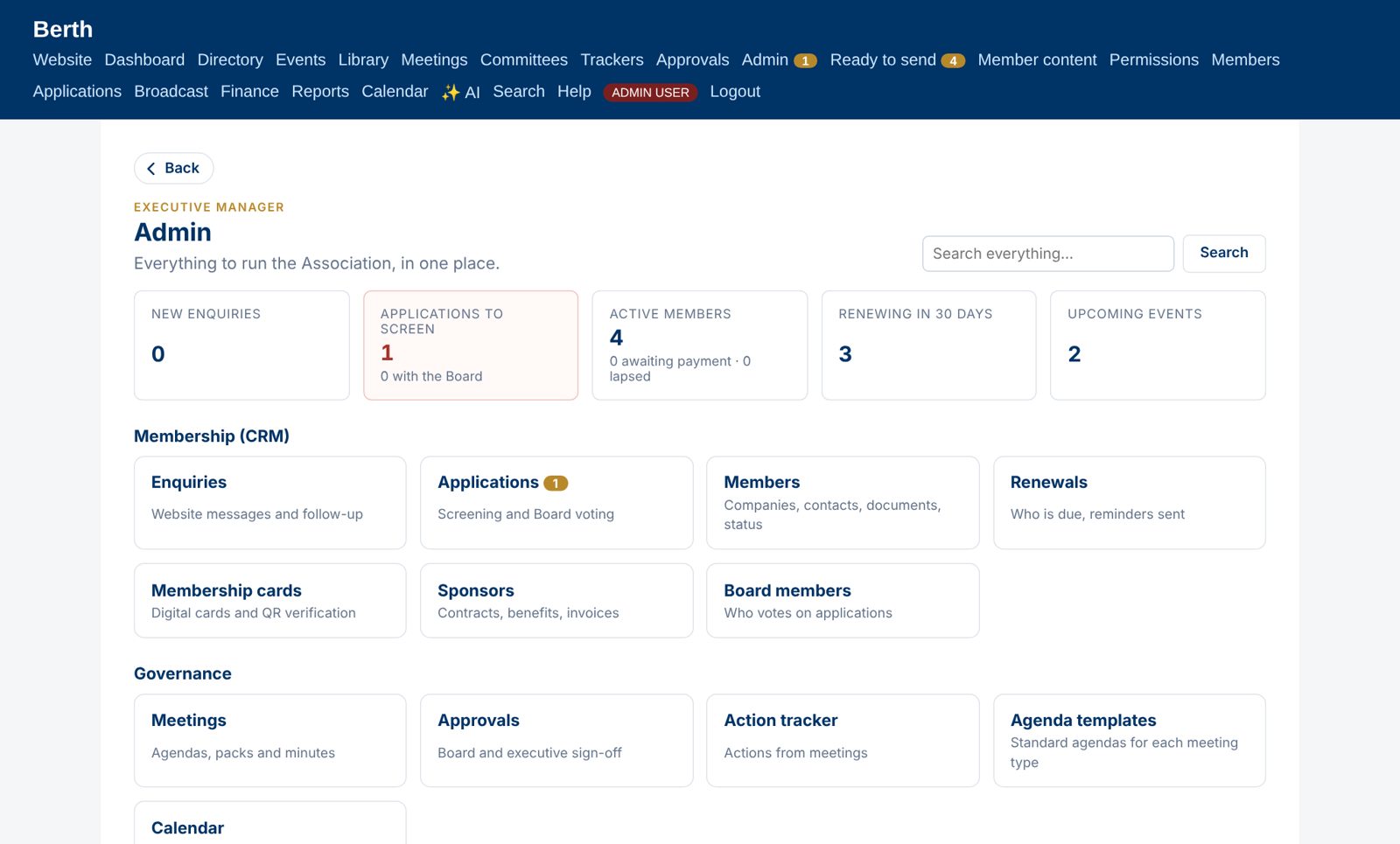 Guildhall's admin hub: enquiries, applications, members, renewals, meetings and approvals on one screen